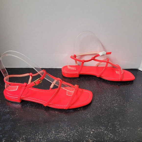 J Crew Abbie sandals Leather T-strap sandals in neon poppy NWOT - Picture 3 of 8